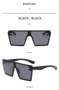 Front and 45-degree angle view of oversized black rimless square fashion sunglasses
