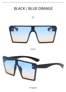 Detail of rimless square sunglasses with blue-orange gradient lenses and metal rivets