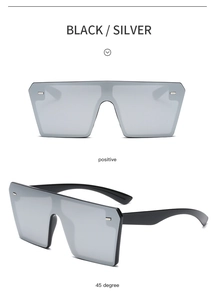 Front and 45-degree views of rimless square shield sunglasses with silver mirrored lenses