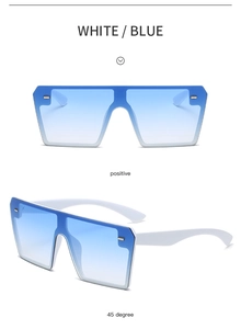 Detail view of white frameless square sunglasses with blue gradient lenses from two angles
