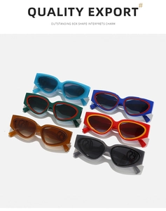 Flat lay of retro rectangle sunglasses in various colors including blue, green, and amber