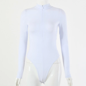 Close-up of white long sleeve bodysuit featuring stand collar and front zipper detail