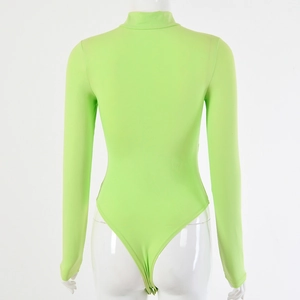 Back view of neon green long sleeve bodysuit on mannequin showing slim fit and back design