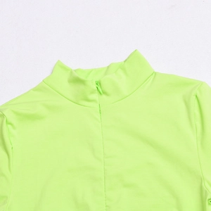 Close-up of fluorescent green bodycon jumpsuit with stand collar and hidden back zipper