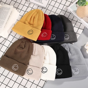 Unisex Winter Warm Knitted Beanie Hat Cuffed Ribbed Solid Color With Smiley Face Embroidery Outdoor Fashion