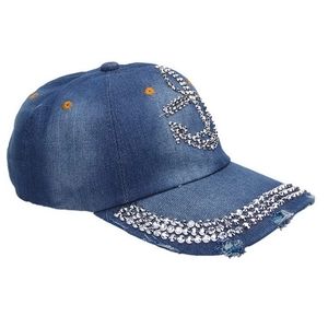 Detail of anchor rhinestone pattern and distressed denim texture on a baseball cap