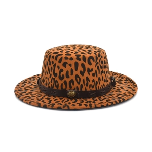 Vintage Leopard Print Flat Top Wool Felt Boater Hat Wide Brim Jazz Fedora With Leather Band Metal Buckle