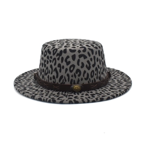Flat top leopard print wool felt hat with brown leather band and metallic badge detail