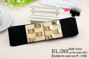 Detail of 6.0cm wide black elastic belt for women featuring a layered gold geometric buckle