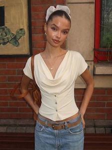Slim fit cream cowl neck short sleeve T-shirt with front buttons for a chic trendy look