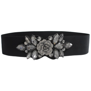 Cintura elastica nera da donna con rosa in metallo argento e strass grigi scintillanti