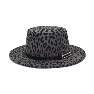Stylish leopard print flat top wool fedora with a black band and gold horseshoe buckle