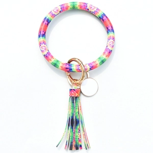 Tie-dye PU leather ring keychain with long fringe tassel and gold metal lobster clasp