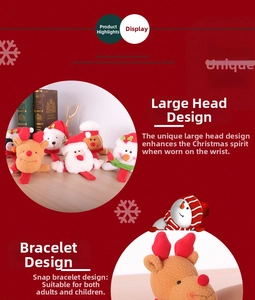Detail of Christmas plush slap bracelets featuring Santa Claus and reindeer designs