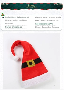 Detail of red Christmas elf hat showing velvet fabric texture and dimensions 30x75cm
