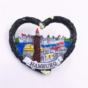 Detailed heart-shaped Hamburg resin fridge magnet with colorful city skyline and texture