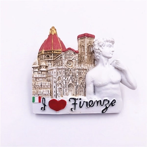 Detail of Florence souvenir fridge magnet with Duomo dome, David statue and I Love Firenze text