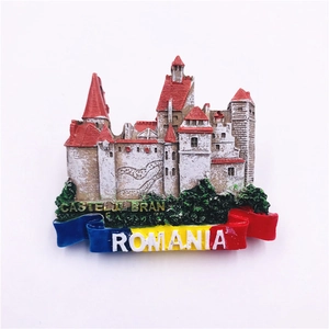 Macro detail of Bran Castle resin fridge magnet with Romania flag and 3D texture