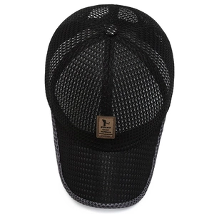 Breathable black mesh baseball cap for sun protection featuring a brown PU leather label