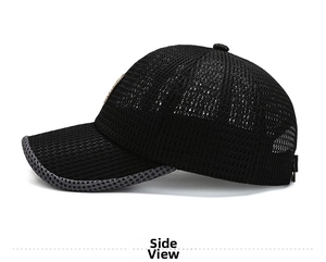 Close-up side view of black mesh baseball cap showing breathable fabric and leather logo