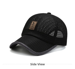 Detail of breathable black mesh baseball cap with premium brown leather brand patch