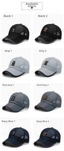 Mesh baseball cap detail showing black, grey, and navy colors with premium patch logos