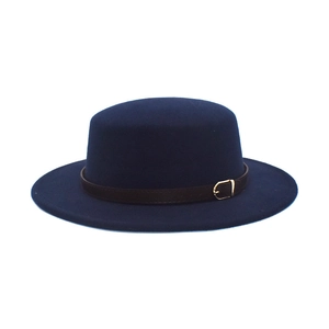 Navy blue wool wide brim fedora hat with brown leather band and gold buckle detail