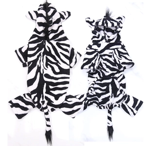Detail view of zebra-striped pet onesie featuring soft flannel fabric and hoodie design