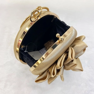 Elegant gold silk round evening bag with 3D flower and metal ring handle for banquet