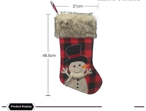 Detailed size view of a 46.5cm snowman Christmas stocking with red buffalo plaid