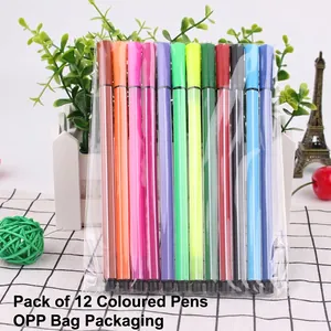 Detailed view of 12 vibrant colored watercolor pens set in a transparent OPP bag packaging