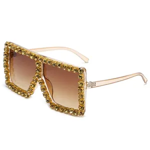 Oversized square sunglasses with rhinestone-embellished frames and brown gradient lenses