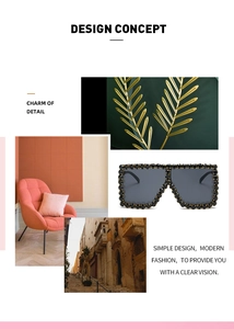 Detail view of large square black sunglasses with rhinestone frame and design concept layout