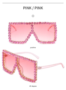 Detail view of pink oversized square sunglasses with rhinestones from two angles