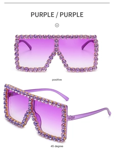 Macro detail of purple oversized square sunglasses with hand-set crystal rhinestones