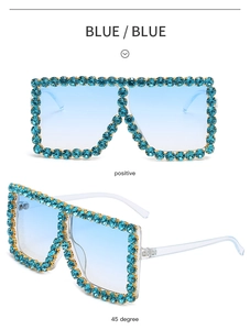 Detail of blue gradient oversized square sunglasses with sparkling rhinestone frame