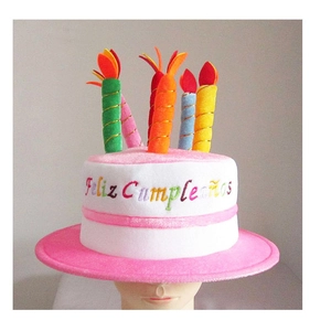 Plush birthday cake party hat with colorful candles and Feliz Cumpleaños embroidery