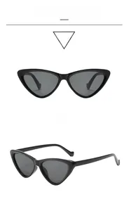 Detail view of vintage cat-eye sunglasses with glossy black frames and gray lenses