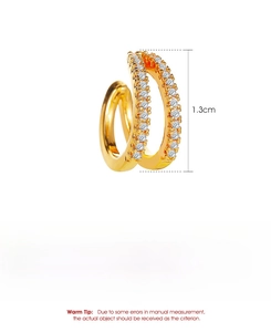 Detailed view of gold double-row rhinestone ear cuff with dimensions and copper material info