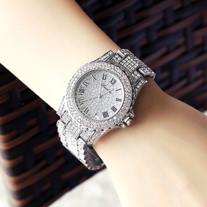 Close-up of luxury silver quartz watch with full crystal inlay and Roman numerals