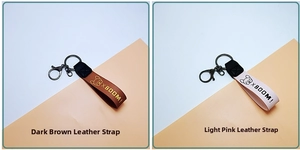 Detail of French Bulldog leather straps in khaki and pink with black metal lobster clasps