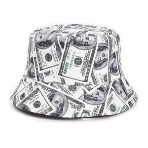 Unisex bucket hat with all-over US dollar bill print featuring clear 100 dollar banknote pattern