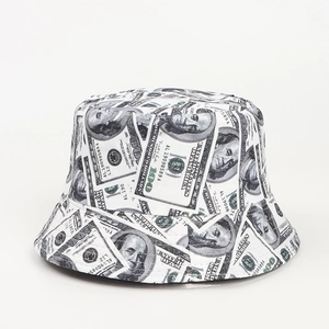 Detailed view of the dollar bill print on the reversible bucket hat with 100 mark