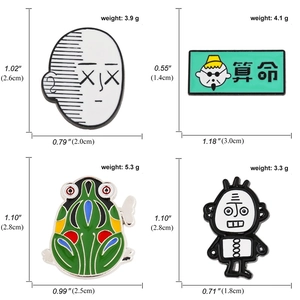 Set of four unique enamel pins featuring KAWS-style face and vintage frog on white background