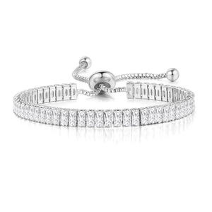 Close-up of silver adjustable tennis bracelet with rectangle cubic zirconia stones