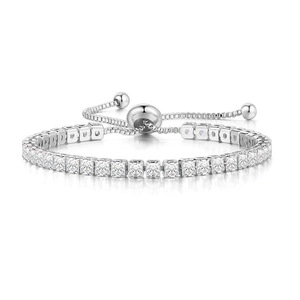 Adjustable silver tennis bracelet with a row of square cubic zirconia stones