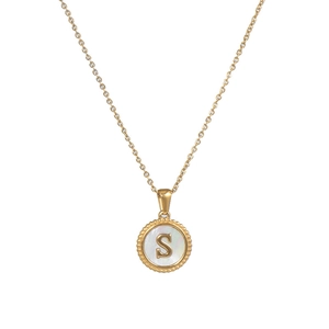 18K gold plated stainless steel necklace with S letter on white mother of pearl