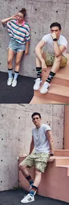 Detail showing colorful geometric patterns and striped mid-calf cotton socks on models