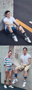 Street style display of colorful geometric patterned crew socks for men and women