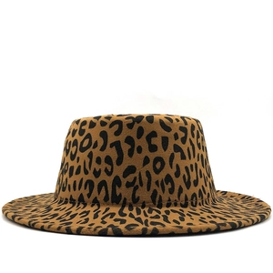 Classic leopard print flat top wool fedora hat with a wide brim for autumn and winter